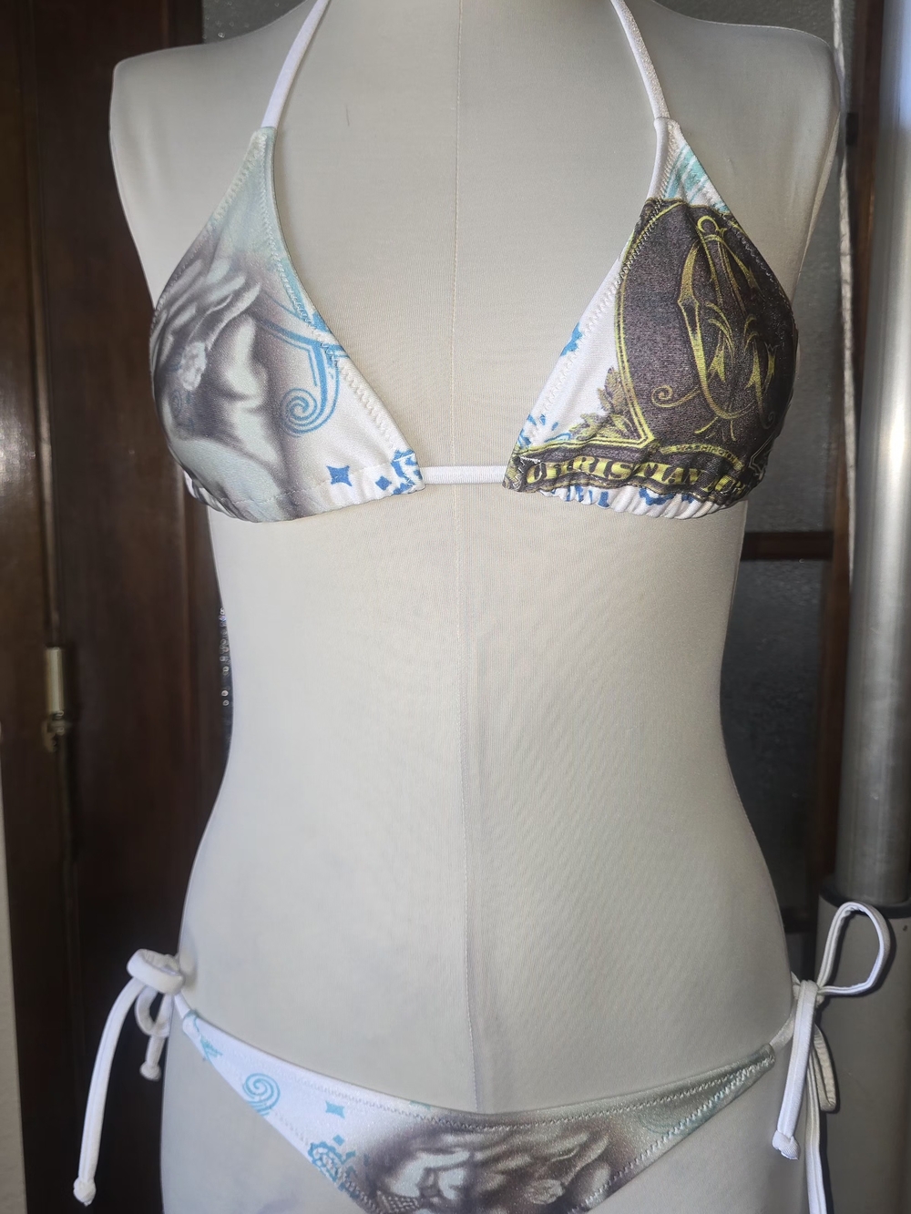 Christian Audigier White Triangle Bikini with Blue and Gray Graphics - Picture 2 of 12